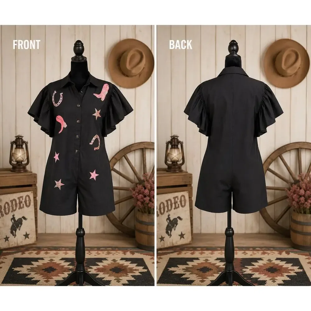 Coastal Cowgirl 100% Cotton Western Puff Sleeve Button Romper L Black ODDI NWT - Picture 3 of 9